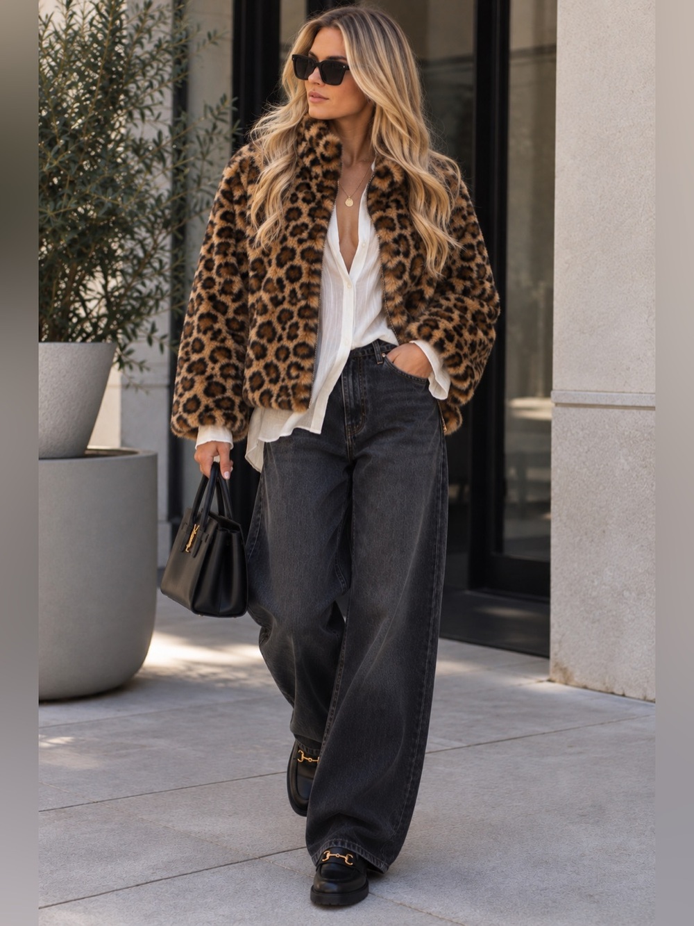 ZARA TRF Leopard Faux Fur Zip Jacket XS